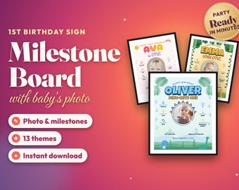 First Birthday Milestone Board, Personalized 1st Birthday Sign with Photo, Wild One Onederland Dino Party Poster, Printable Download