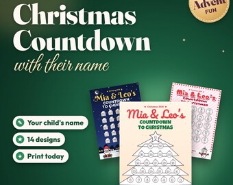 Conto alla rovescia di Natale personalizzato per bambini, calendario dell'Avvento stampabile con nome, tabella delle notti che mancano a Natale, catena di carta e schede attività.