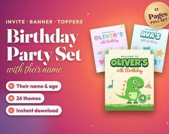 Personalized Birthday Party Set, Kids Party Printables, Invitation Banner Cupcake Toppers Favor Tags, Dino Unicorn Theme, Instant Download