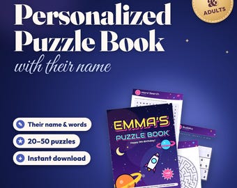 Libro di puzzle personalizzato, libro di attività con labirinti di Sudoku e ricerca di parole personalizzato per bambini o adulti, regalo con nome, puzzle stampabile in PDF, download immediato