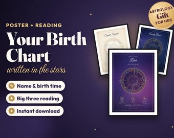 Personalized Birth Chart Poster and Reading, Custom Natal Chart Print, Astrology Gift, Zodiac Wall Art with Big Three, Instant Download