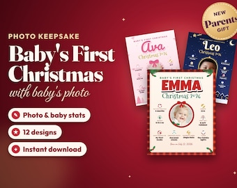 Baby's First Christmas Sign with Photo, Personalized Baby Stats Keepsake, Printable Ornament, Christmas 2026 Gift for New Parents, PDF