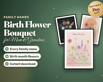 Birth Month Flower Family Bouquet Print, Personalized Mother's Day Gift for Mom or Grandma, Custom Birth Flower Poster with Names