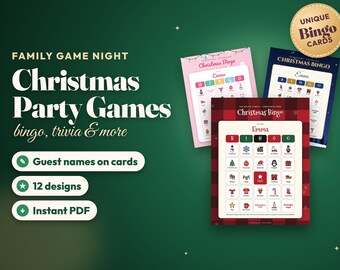 Personalized Christmas Party Games Bundle, Unique Bingo Cards with Guest Names, Christmas Trivia, Family Game Night Printable, Instant PDF