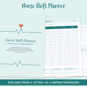 May include: A Nurse Shift Planner digital document set featuring a light blue cover with a red heart and EKG line graphic. The text reads Nurse Shift Planner Report Sheets & Shift Organizer. Includes patient brain sheets and hourly planners.