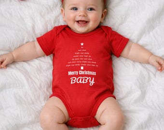 Baby Bodysuit BABY | Matching Family Christmas Baby Bodysuit Red White Merry Christmas Tree Holiday Photo Outfit Onesie