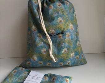Liberty Hera Turquoise Wash Bag, Feather Print Cotton Sack