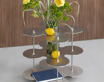 Flower Shaped Stainless Steel Side Table, Three Tier Shelf, Modern Sculptural Design