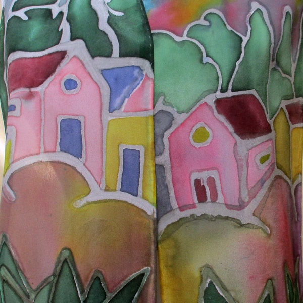 Silk Scarf Hand Painted- Unique Gift Woman under 50- Pink Gray Yellow Landscape design Shawl Wrap- Made in NY Hudson Valley- Ready to Ship