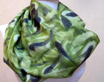 Luxury Silk Scarf-Hand Painted- Shades of Green-Unique Gift- Made in New York