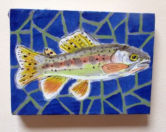 Small Painting- Trout-fish- Wall Art Decor,  Handmade gift- made in NY Hudson Valley