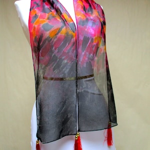 Silk Scarf Hand Painted Dyed.  Ombre black Red Blue Tassels.  Handmade DesignerAccessory. Unique Gift for her. Made in NY Hudson Valley