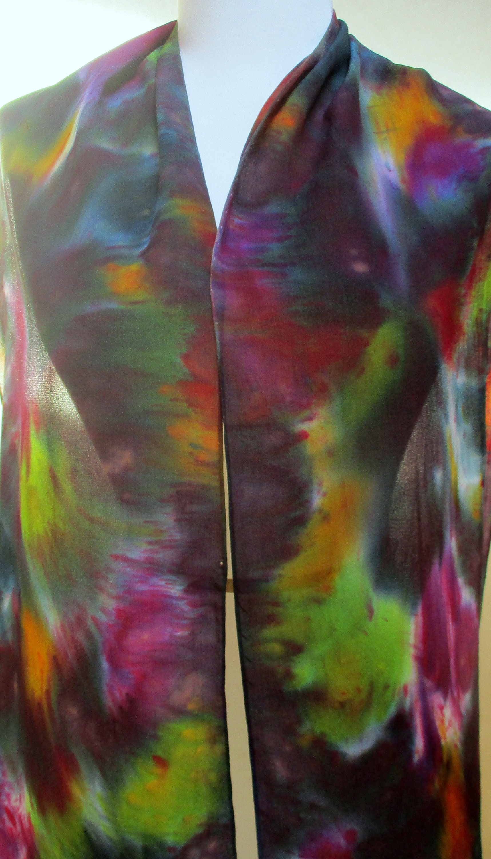 Hand Painted Silk Scarf-Unique Gift- Fashion Accessory- Shades of Green and Black-Made in NY Hudson Valley