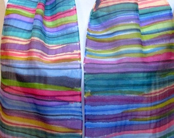 Silk Scarf-Hand Painted Accessory-Shawl-Colorful Stripes-Unique Gift- Made in the NY Hudson Valley