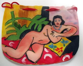 Painted silk purse- Matisse woman-Unique Handmade gift- Made in NY-Hudson River Valley