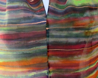 Silk Scarf-Hand Painted Accessory-Shawl-Colorful Stripes-Unique Gift- Made in the NY Hudson Valley