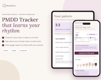 Pode incluir: Um rastreador digital de PMDD para Google Sheets exibido em um tablet e smartphone. A interface apresenta esquemas de cores roxo e branco com texto incluindo 'PMDD Tracker that learns your rhythm' e 'Your pattern'.