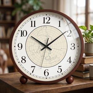 Vintage World Map Desk Clock, Round Wooden Table Timepiece, Silent Non-Ticking Study Office Bookshelf Decor, Walnut & Natural Oak Gift