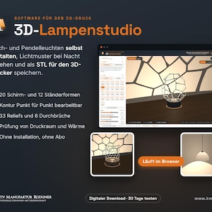 May include: 3D-Lampenstudio software interface for designing table and pendant lamps. The screen displays a 3D model of a geometric lamp, customization menus, and preview windows. Text includes 3D-Lampenstudio, Kreativ Manufaktur Roduner, and www.km-r.ch.