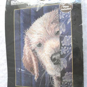 Counted Cross Stitch Kit Labrador Puppy I Didn't Do It NIP WM45699 Bucilla Plaid Small Dog image 1