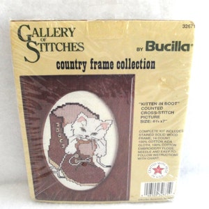 Vintage Bucilla Counted Cross Stitch Kit Kitten in Boot from the Country Frame Collection NIP 32671 Cat