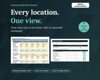 Può includere: Un modello digitale di tracciamento della posizione per Excel e Google Sheets. Il grafico mostra una tabella di riepilogo della produzione multi-sede e una dashboard con il testo Every location. One view. e Dashboard updates itself.