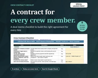 Può includere: Un modello digitale di lista di controllo per contratti di squadra con il testo Crew Contract Checklist, A contract for every crew member e 8 sections to cover per hire. Il documento include colonne per termine, descrizione, stato e note.