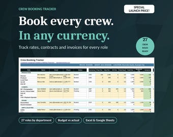 Può includere: Un modello digitale di tracciamento prenotazioni per troupe per Excel e Google Sheets. L'interfaccia mostra colonne per ruoli, nomi, contatti, stato, valuta e tariffe. Il testo include 'Book every crew. In any currency.' e '27 crew roles ready'.