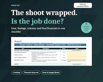 Può includere: Un kit di chiusura produzione digitale sotto forma di lista di controllo. Il testo recita: The shoot wrapped. Is the job done? Gear, footage, releases and final financials in one checklist. Include una tabella per i resi di produzione.