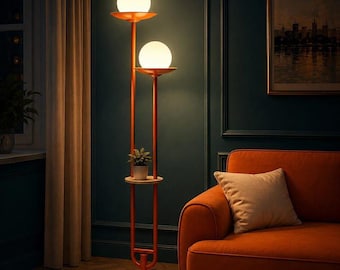 Mid-Century Modern Orange Globe Floor Lamp with Shelf, Dimmable Standing Light, Bulbs Included