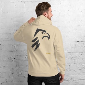 Abstract Eagle Hoodie, Minimalist Bird of Prey Back Print, Gold Graffiti Chest Tag, Unisex Pullover – No Comment image 9