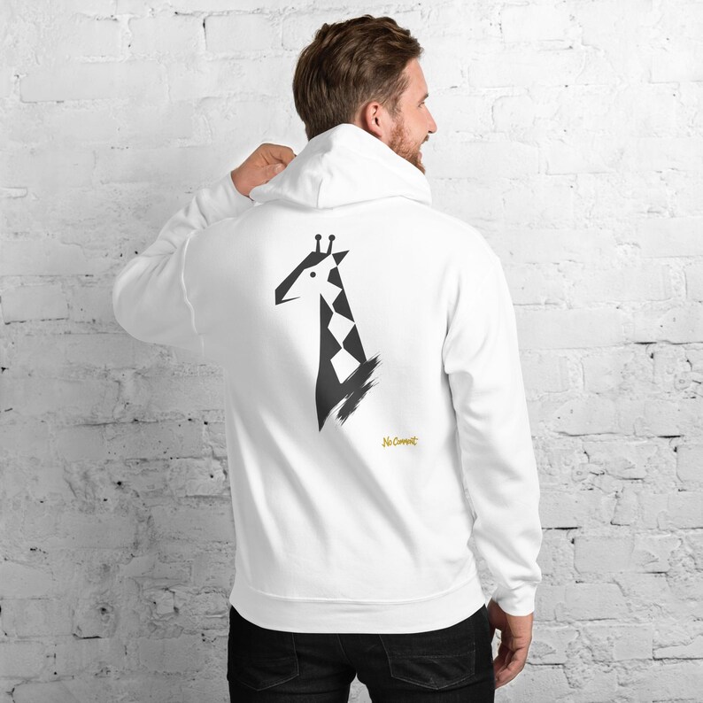 Abstract Giraffe Hoodie, Minimalist Safari Animal Back Print, Gold Graffiti Chest Tag, Unisex Pullover – No Comment image 2