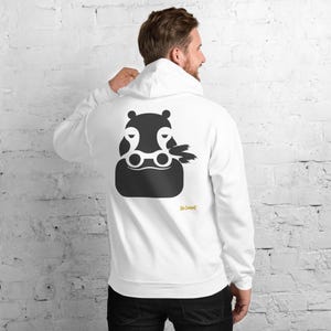 No Comment Hippo Hoodie - Abstract Animal Back Print, Gold Graffiti Tag, Minimalist White Unisex Hoodie