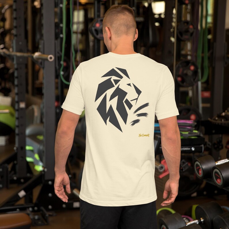 No Comment Lion Side T-Shirt - Abstract Animal Back Print, Gold Graffiti Tag, Minimalist White Unisex Tee