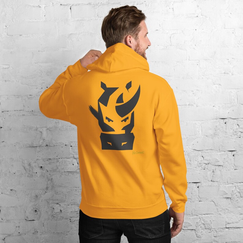 Abstract Rhino Front Face Hoodie, Minimalist African Safari Back Print, Gold Graffiti Chest Tag, Unisex Pullover – No Comment image 5