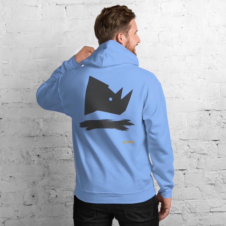 Abstract Rhino Side Profile Hoodie, Minimalist African Safari Back Print, Gold Graffiti Chest Tag, Unisex Pullover – No Comment image 3