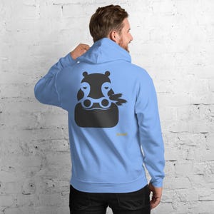 No Comment Hippo Hoodie - Abstract Animal Back Print, Gold Graffiti Tag, Minimalist White Unisex Hoodie