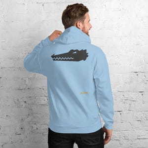 Abstract Crocodile Hoodie, Minimalist Reptile Back Print, Gold Graffiti Chest Tag, Unisex Pullover – No Comment image 7