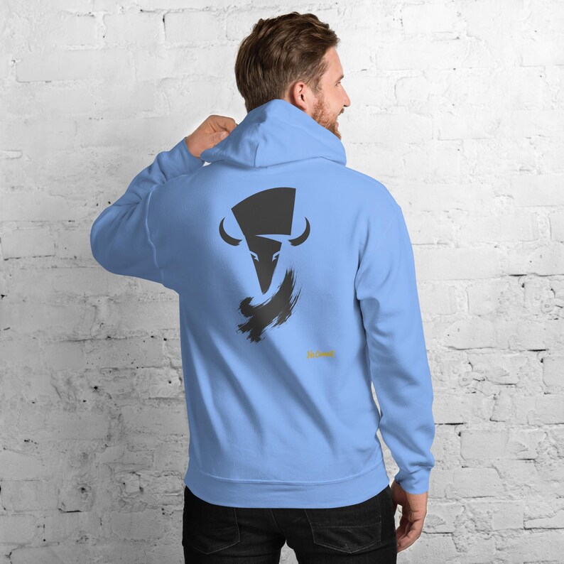 Abstract Bison Hoodie, Minimalist Prairie Wildlife Back Print, Gold Graffiti Chest Tag, Unisex Pullover – No Comment image 3
