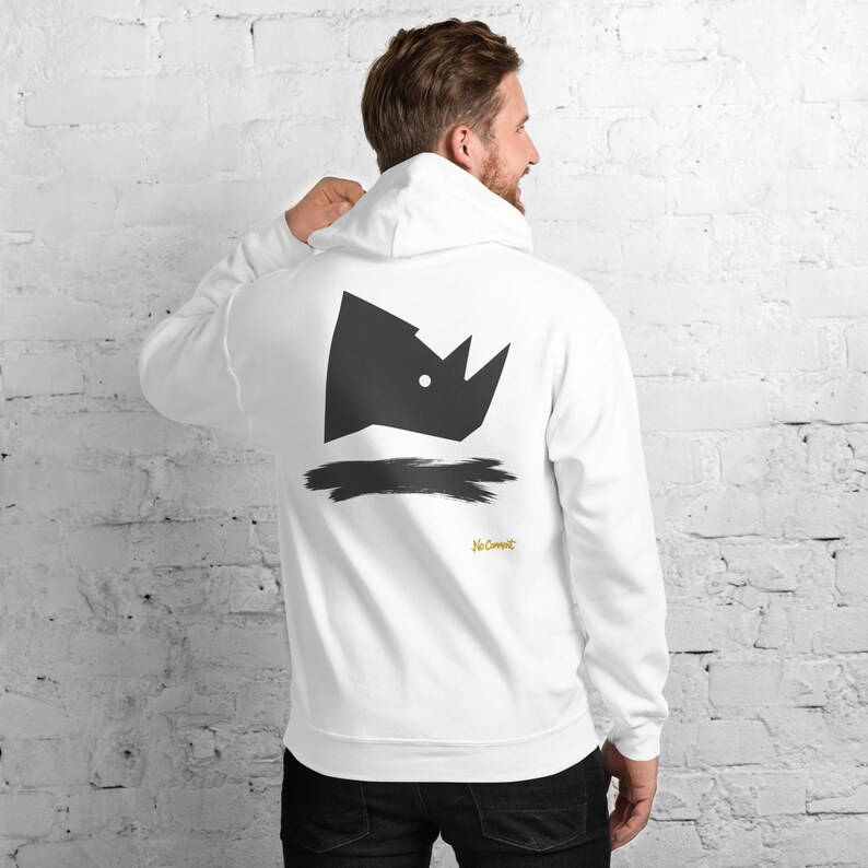 Abstract Rhino Side Profile Hoodie, Minimalist African Safari Back Print, Gold Graffiti Chest Tag, Unisex Pullover – No Comment image 2