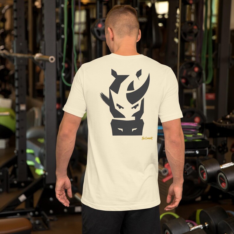 No Comment Rhino Front T-Shirt - Abstract Animal Back Print, Gold Graffiti Tag, Minimalist White Unisex Tee