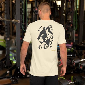 No Comment Leopard Side T-Shirt - Abstract Animal Back Print, Gold Graffiti Tag, Minimalist White Unisex Tee