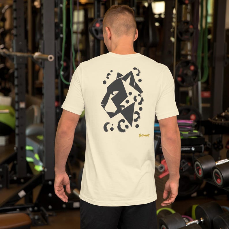 No Comment Leopard Side T-Shirt - Abstract Animal Back Print, Gold Graffiti Tag, Minimalist White Unisex Tee
