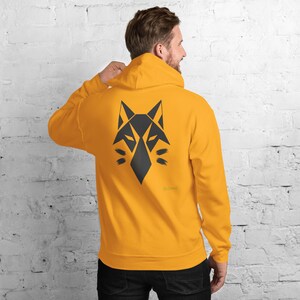 Abstract Wolf Hoodie, Minimalist Forest Wildlife Back Print, Gold Graffiti Chest Tag, Unisex Pullover – No Comment image 5