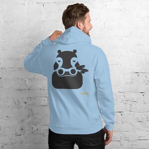 No Comment Hippo Hoodie - Abstract Animal Back Print, Gold Graffiti Tag, Minimalist White Unisex Hoodie