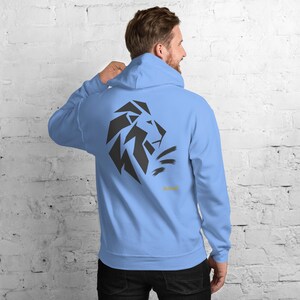Abstract Lion Side Profile Hoodie, Minimalist Big Cat Back Print, Gold Graffiti Chest Tag, Unisex Pullover – No Comment image 3