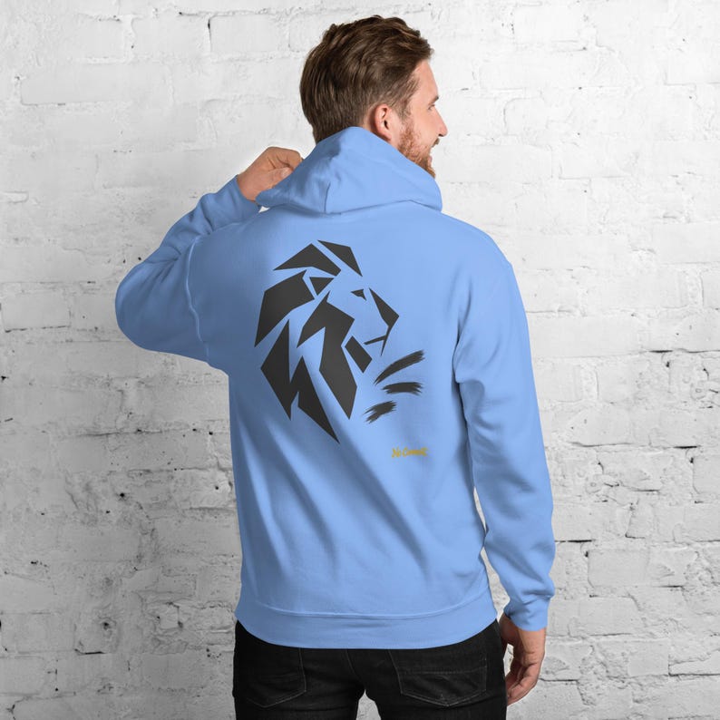 Abstract Lion Side Profile Hoodie, Minimalist Big Cat Back Print, Gold Graffiti Chest Tag, Unisex Pullover – No Comment image 3