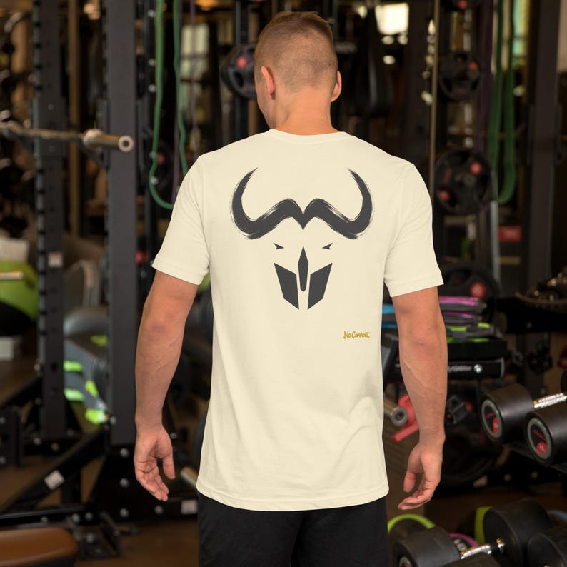 No Comment Cape Buffalo T-Shirt - Abstract Animal Back Print, Gold Graffiti Tag, Minimalist White Unisex Tee