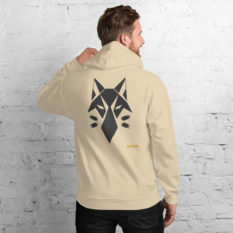 Abstract Wolf Hoodie, Minimalist Forest Wildlife Back Print, Gold Graffiti Chest Tag, Unisex Pullover – No Comment image 9