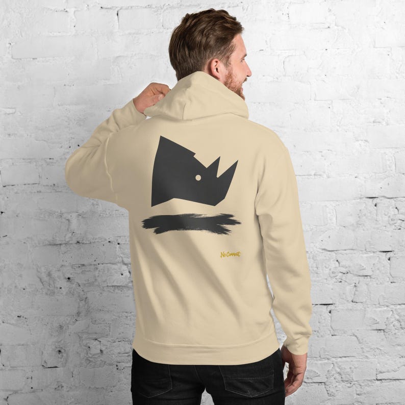 Abstract Rhino Side Profile Hoodie, Minimalist African Safari Back Print, Gold Graffiti Chest Tag, Unisex Pullover – No Comment image 9